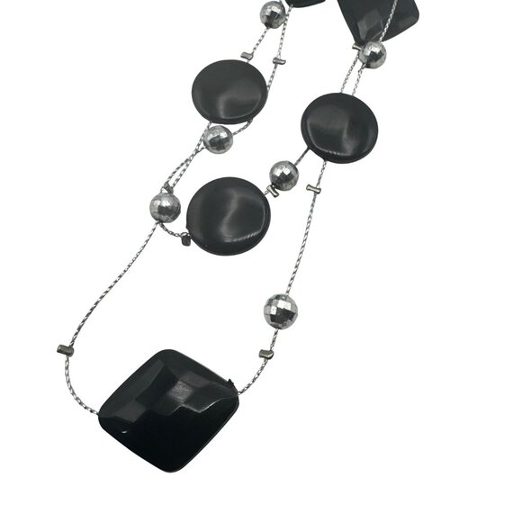 Black Silver Double Strand Bead Necklace 21 Inches Lobster Clasp Stylish Design - Picture 2 of 5
